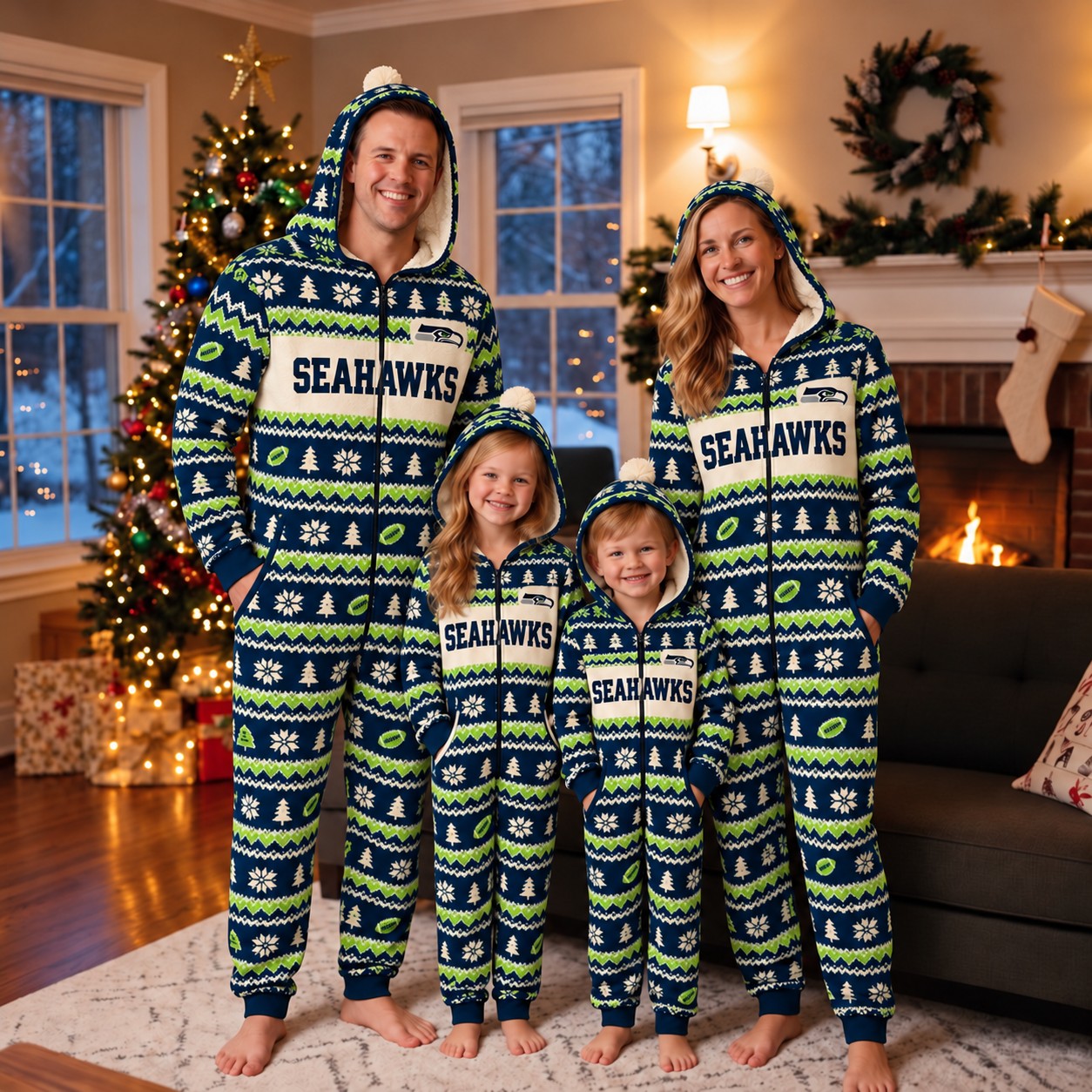 Seattle Seahawks family Christmas onesies, fair isle design