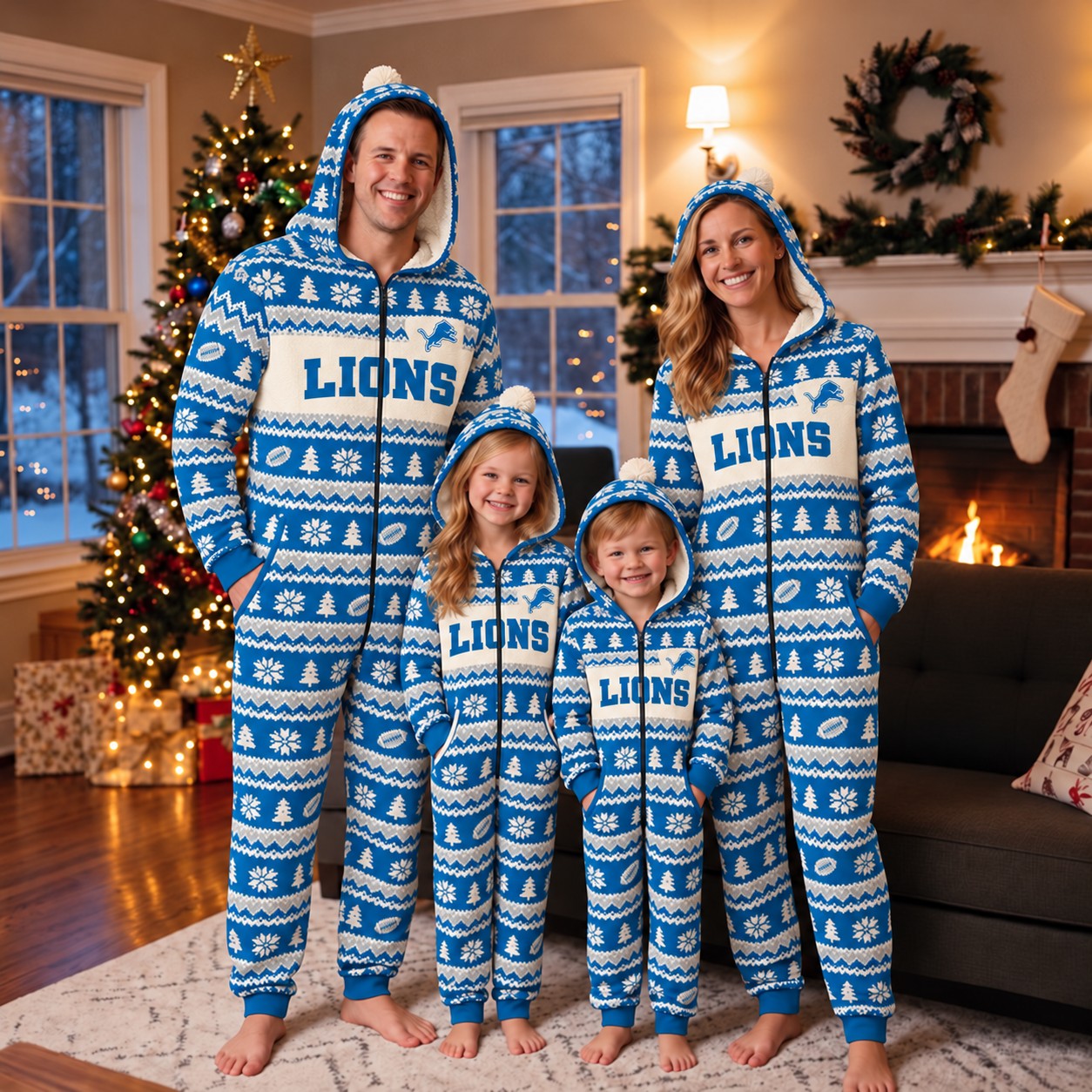 Detroit Lions family Christmas onesies, fair isle design