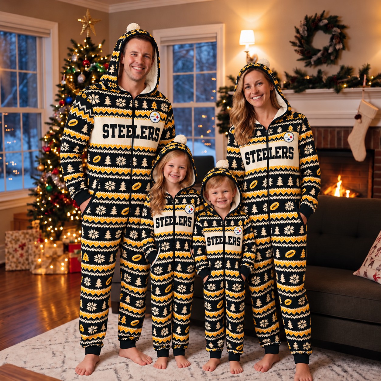 Pittsburgh Steelers family Christmas onesies, fair isle design