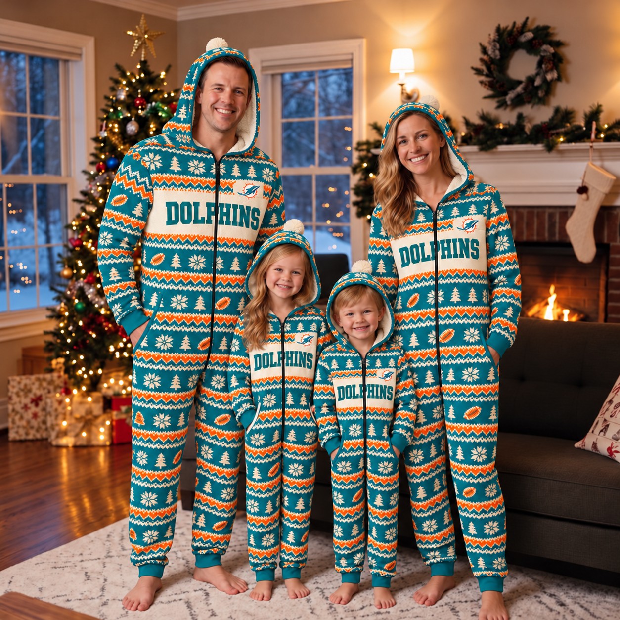 Miami Dolphins family Christmas onesies, fair isle design