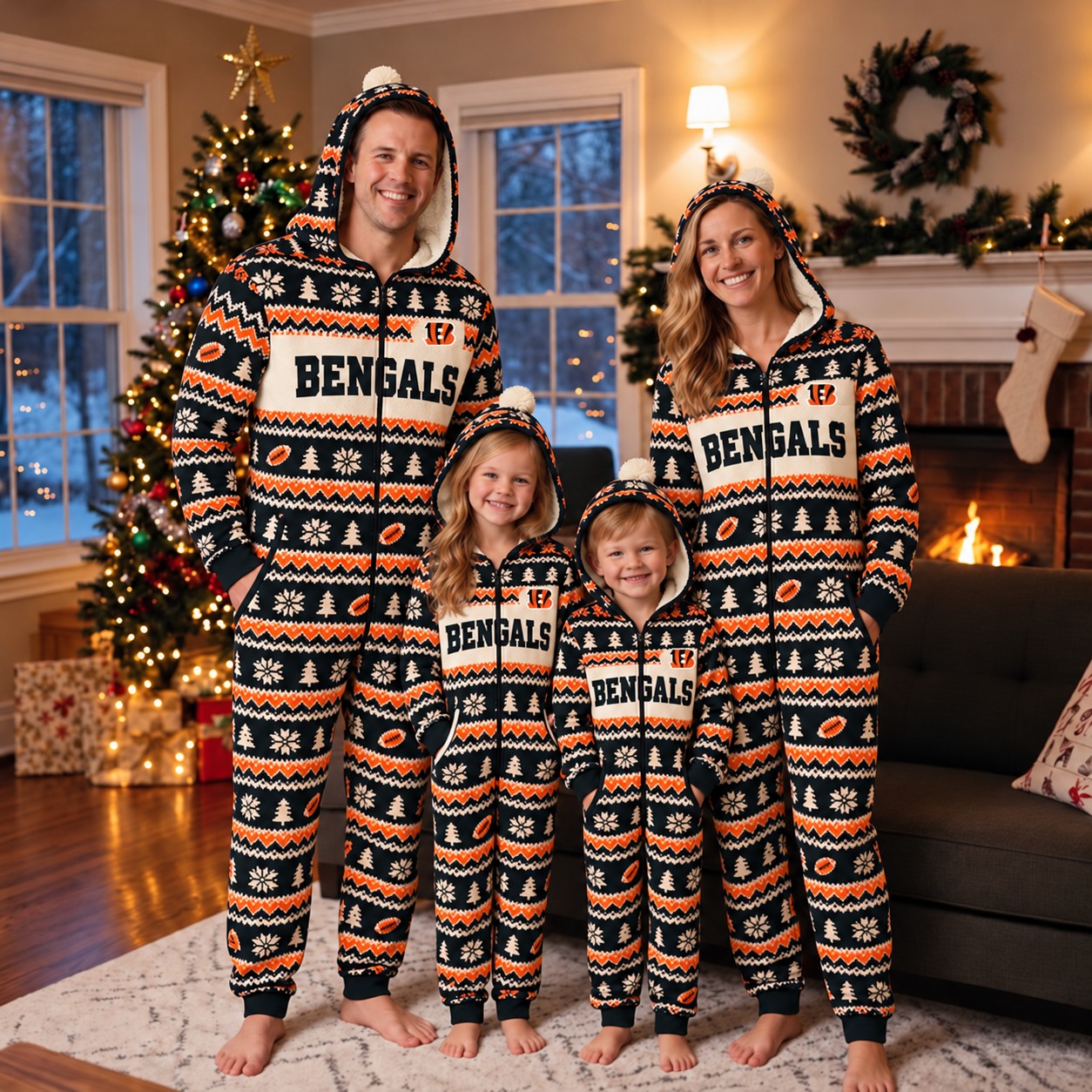 Cincinnati Bengals family Christmas onesies, fair isle design