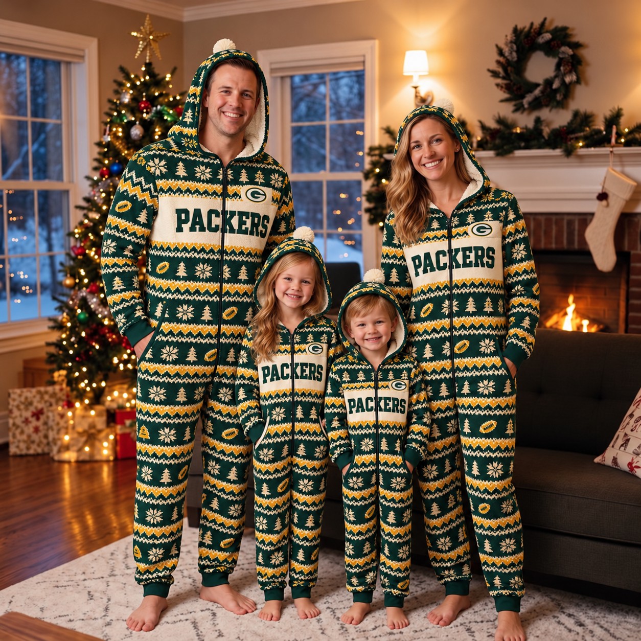 Green Bay Packers family Christmas onesies, fair isle design