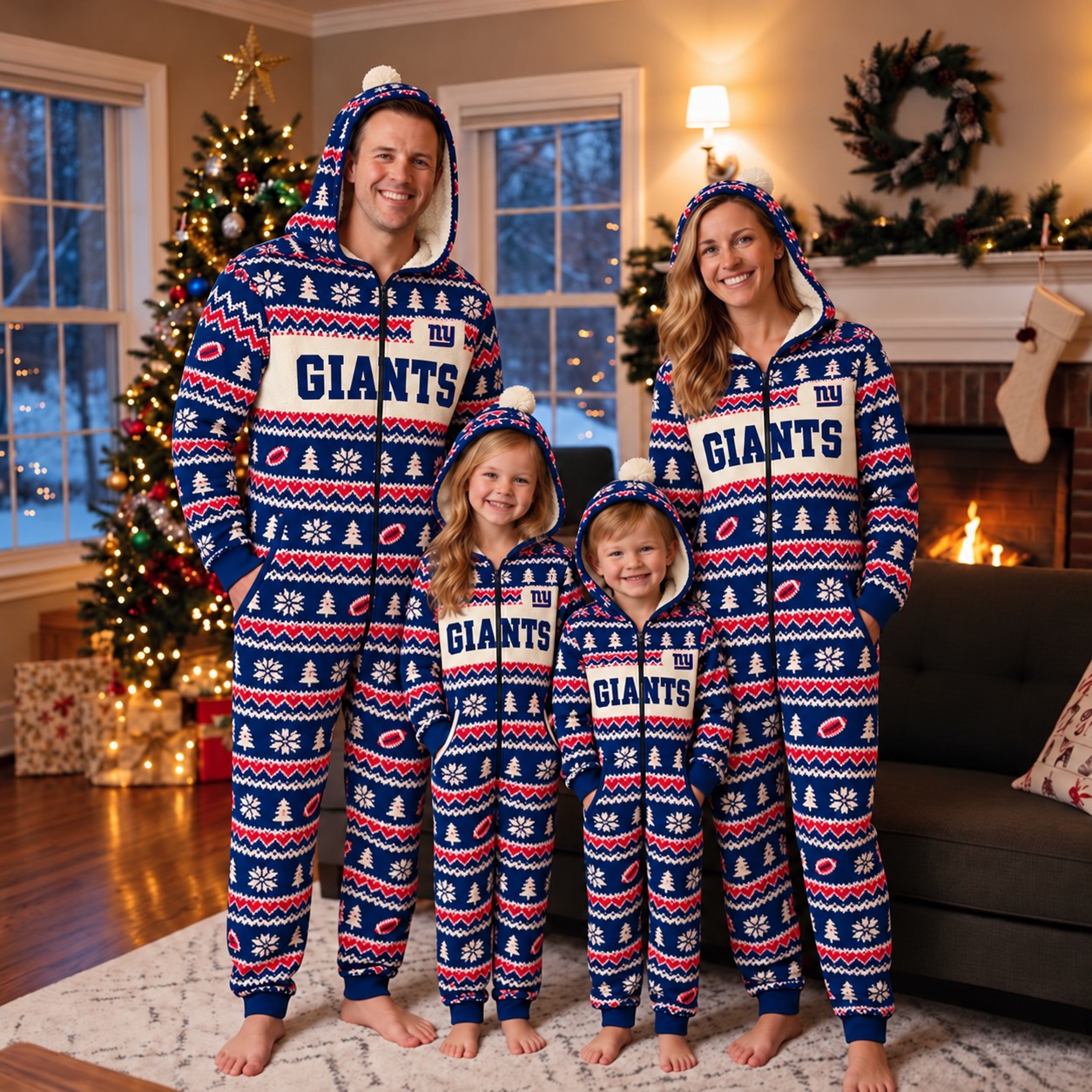 New York Giants family Christmas onesies, fair isle design