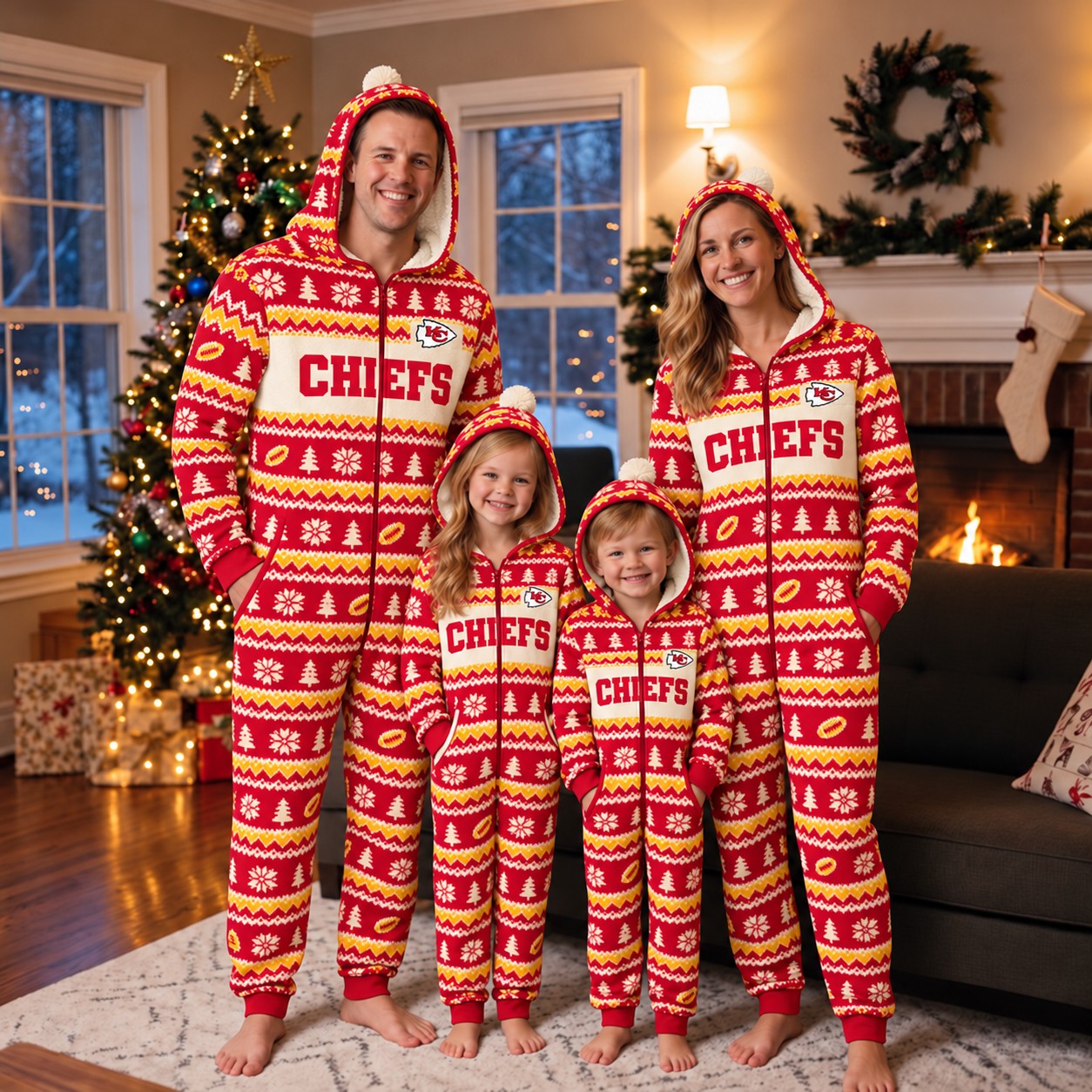 Kansas City Chiefs family Christmas onesies, fair isle design