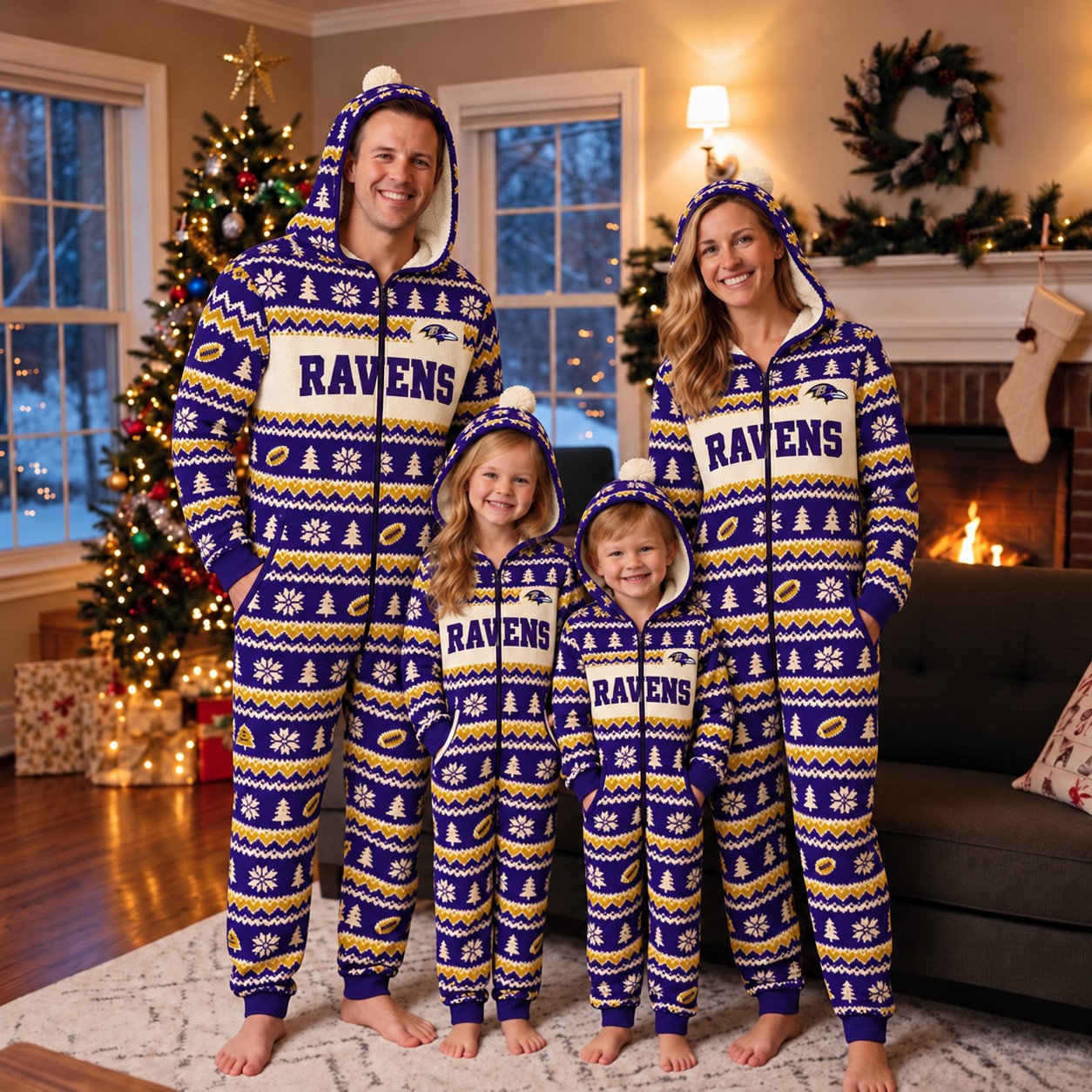 Baltimore Ravens family Christmas onesies, fair isle design