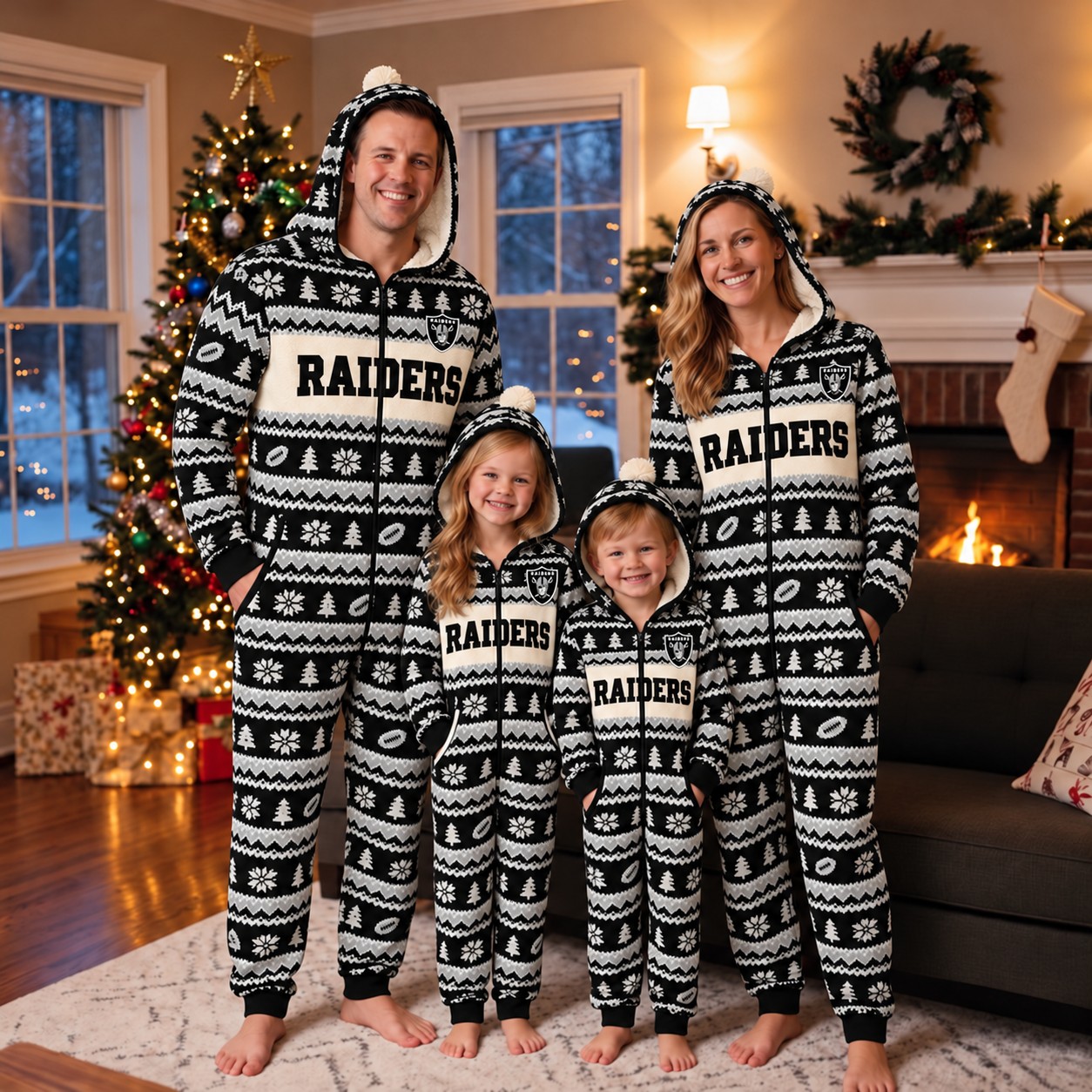 Las Vegas Raiders family Christmas onesies, fair isle design