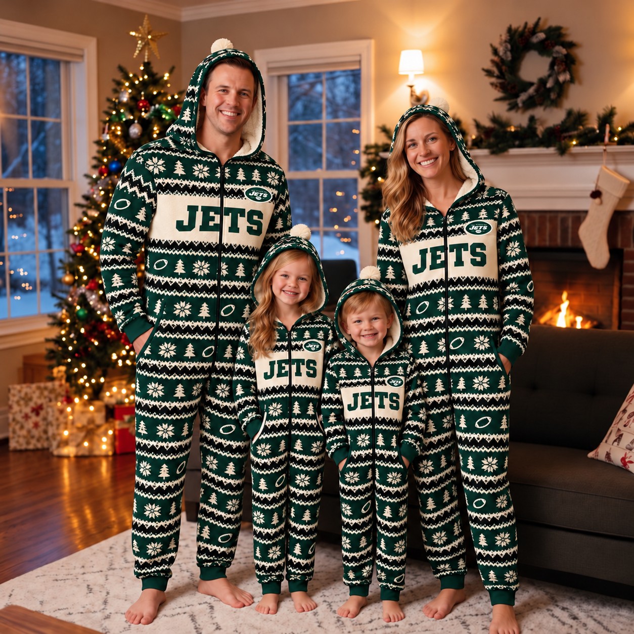 New York Jets family Christmas onesies, fair isle design