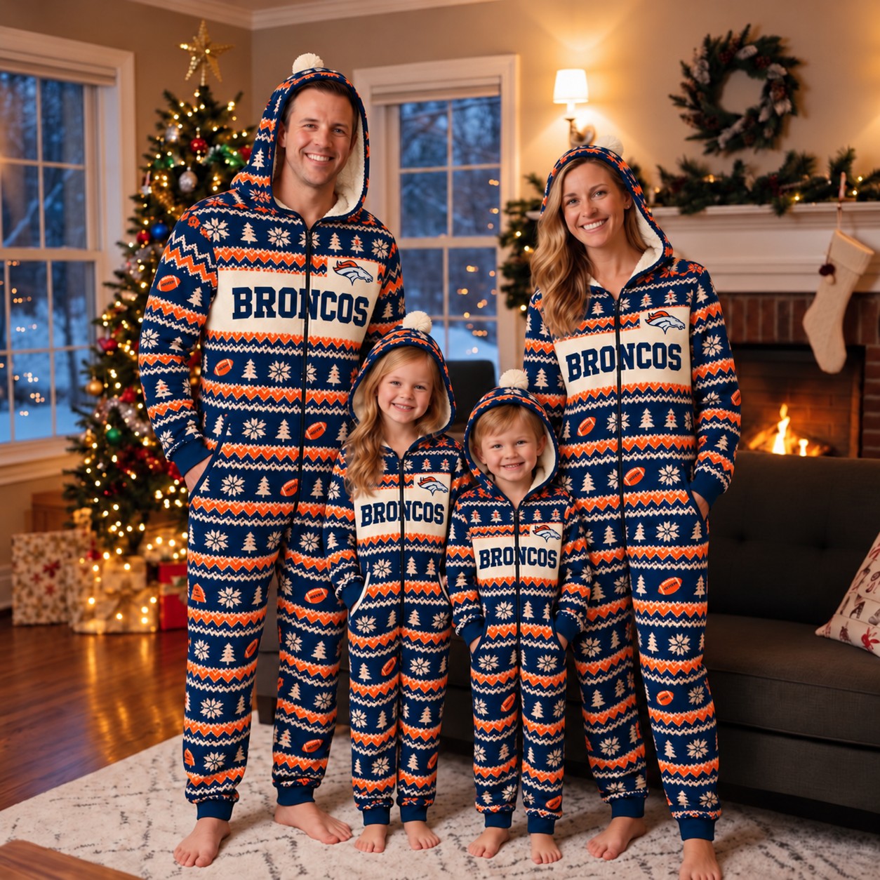Denver Broncos family Christmas onesies, fair isle design