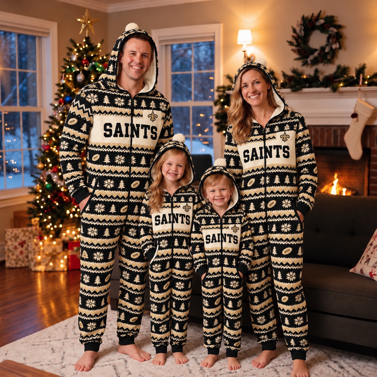 New Orleans Saints family Christmas onesies, fair isle design