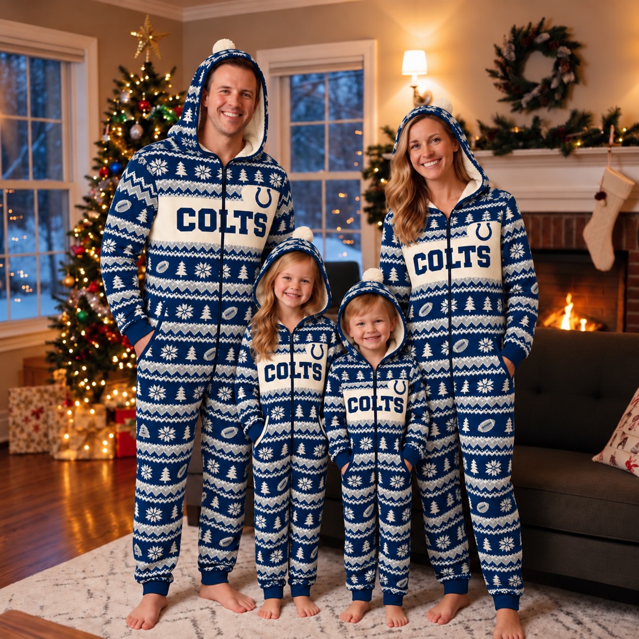Indianapolis Colts family Christmas onesies, fair isle design