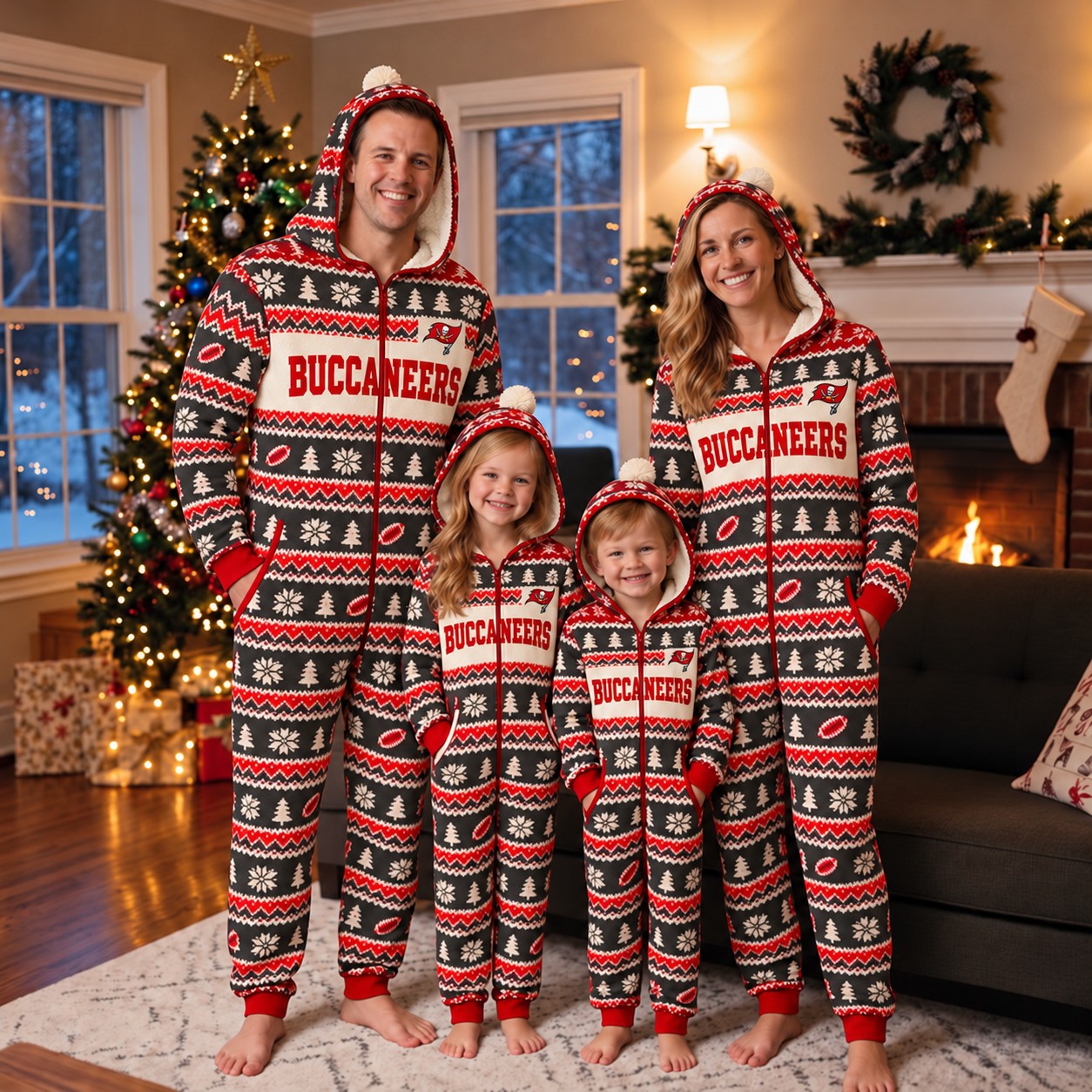 Tampa Bay Buccaneers family Christmas onesies, fair isle design