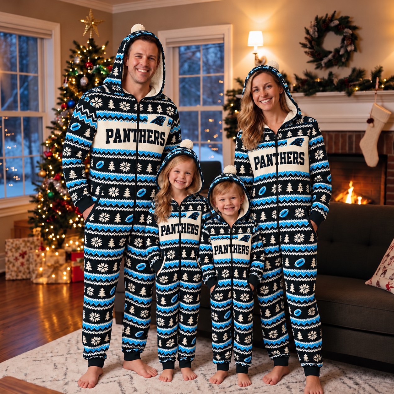 Carolina Panthers family Christmas onesies, fair isle design