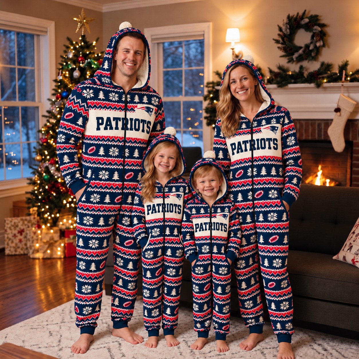 New England Patriots family Christmas onesies, fair isle design