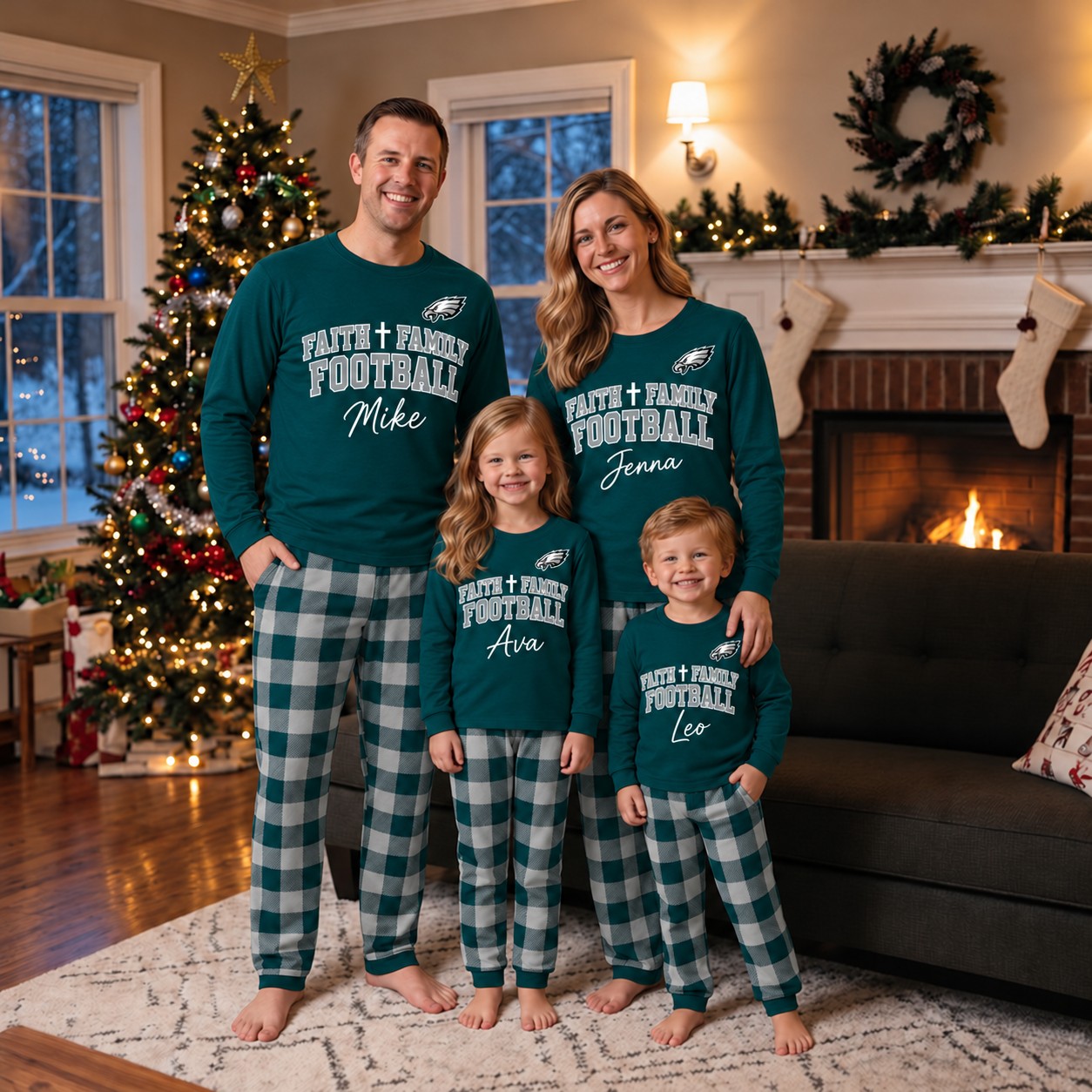 Philadelphia Eagles family Christmas pajamas, faith family football design