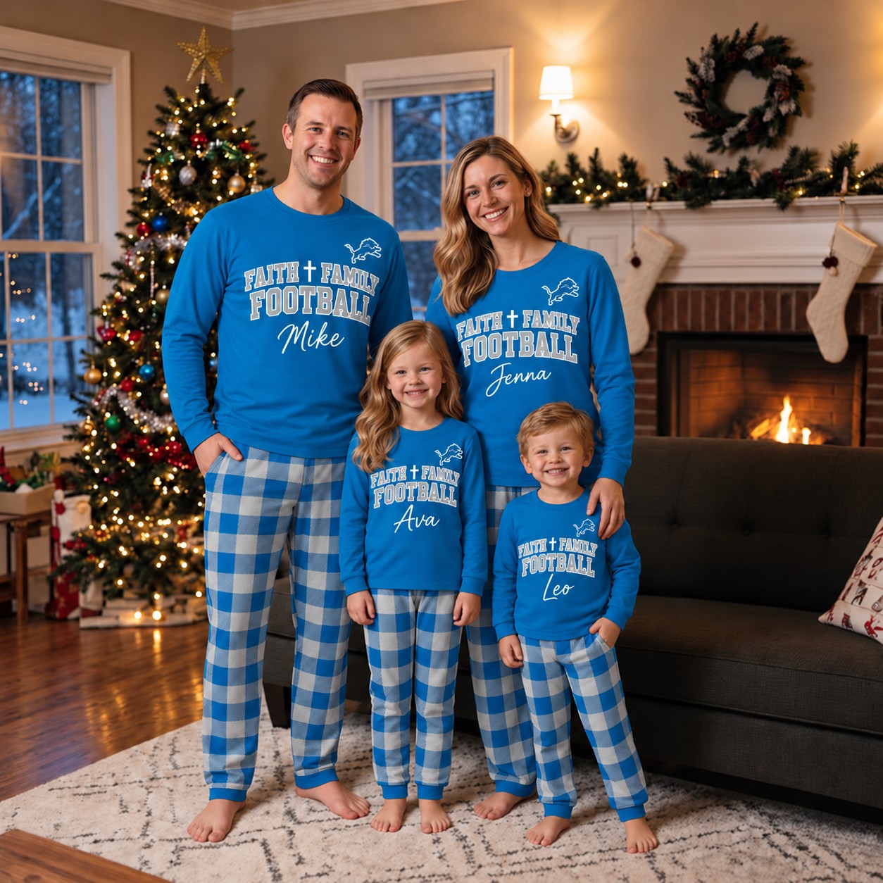 Detroit Lions family Christmas pajamas, faith family football design