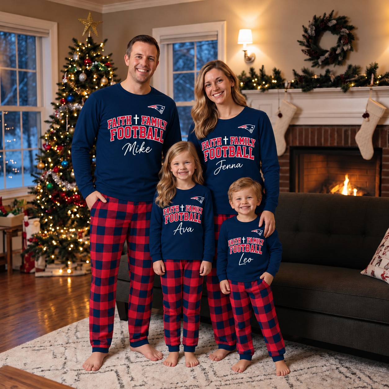 New England Patriots family Christmas pajamas, faith family football design
