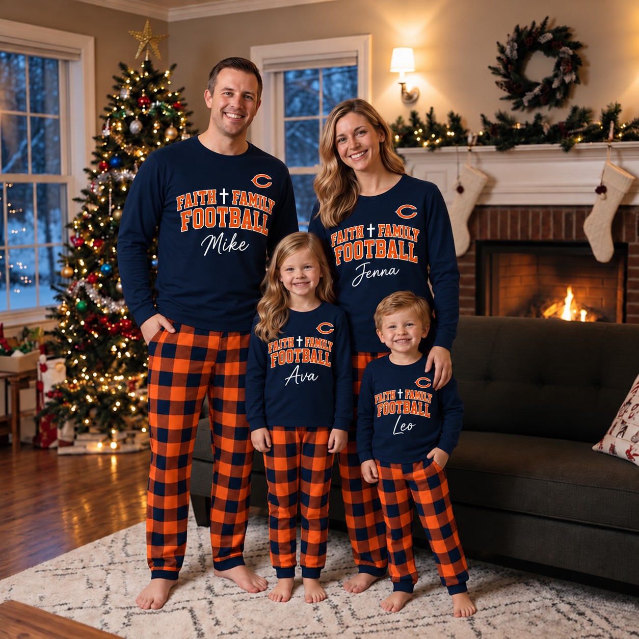 Chicago Bears family Christmas pajamas, faith family football design