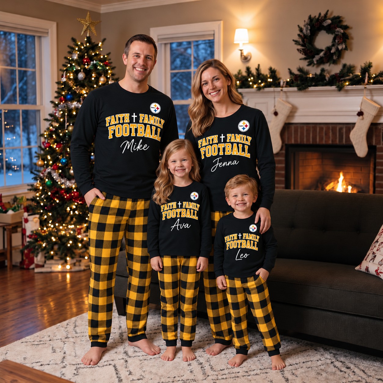 Pittsburgh Steelers family Christmas pajamas, faith family football design
