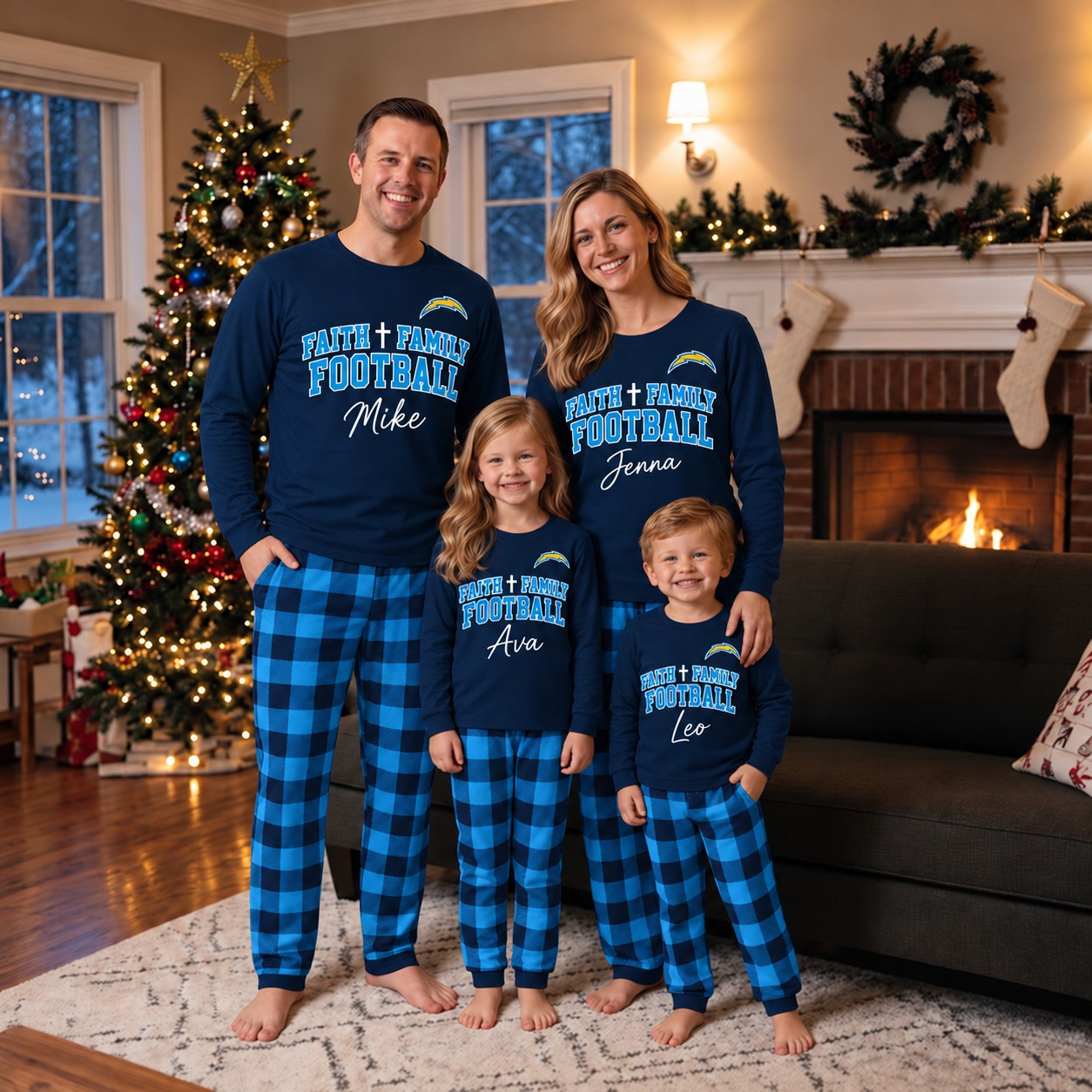 Los Angeles Chargers family Christmas pajamas, faith family football design