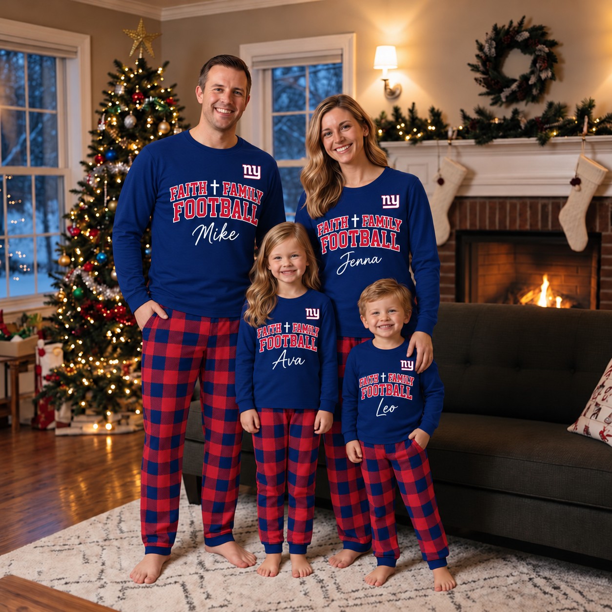 New York Giants family Christmas pajamas, faith family football design