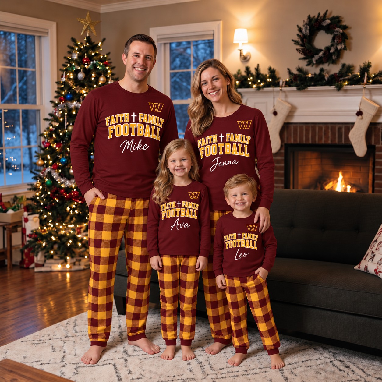 Washington Commanders family Christmas pajamas, faith family football design