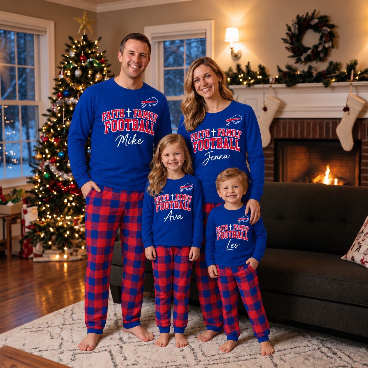 Buffalo Bills family Christmas pajamas, faith family football design