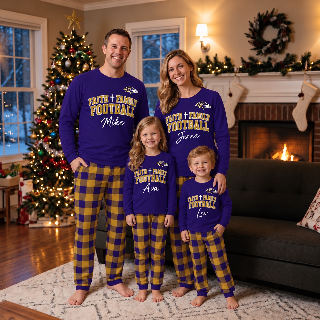 Baltimore Ravens family Christmas pajamas, faith family football design