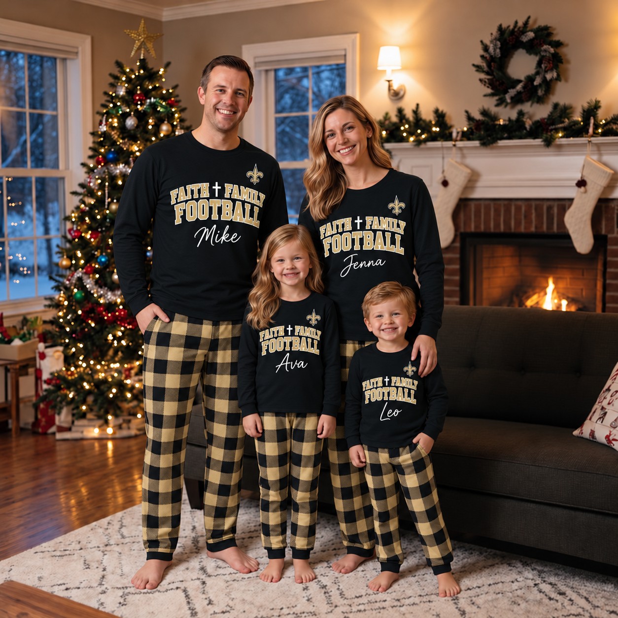 New Orleans Saints family Christmas pajamas, faith family football design