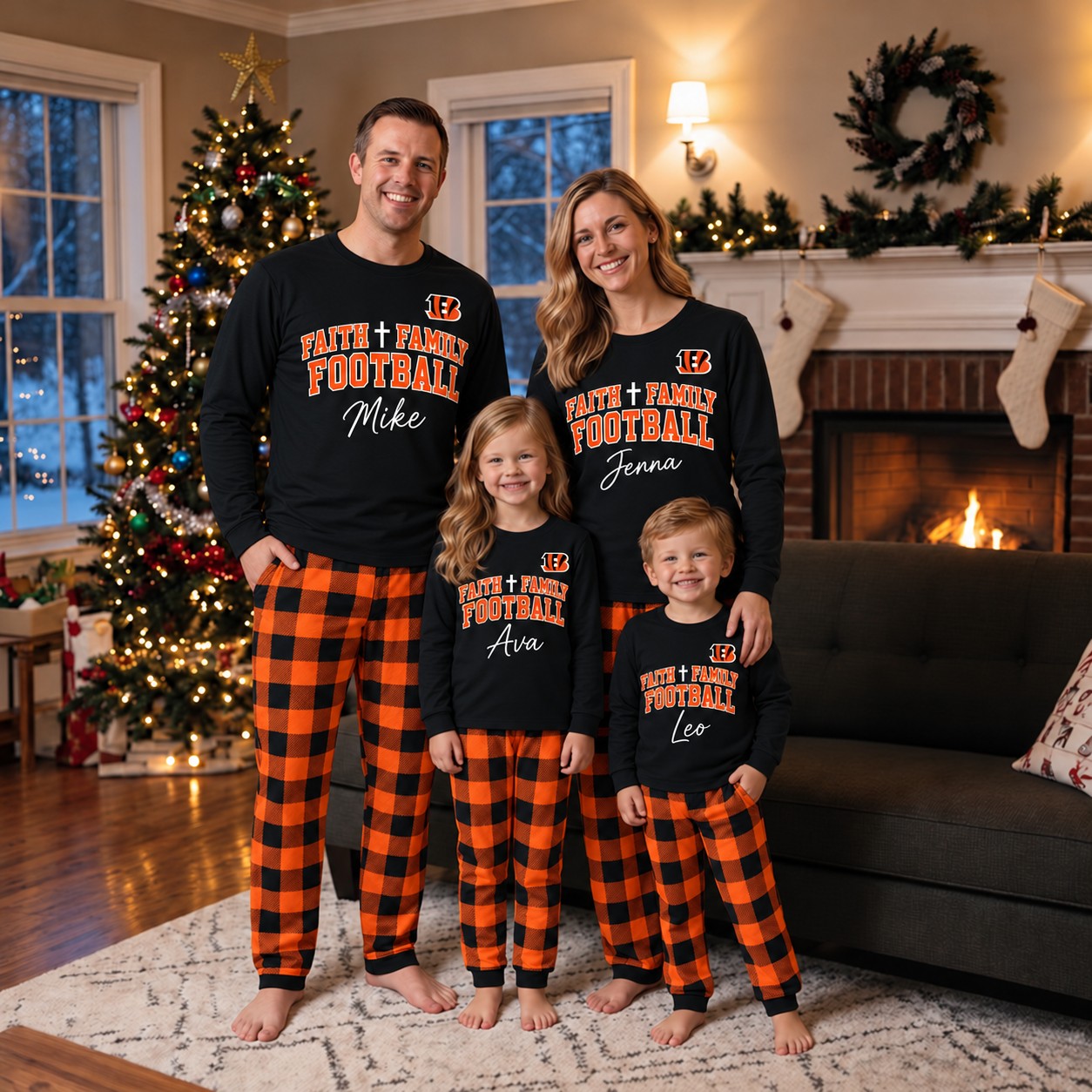 Cincinnati Bengals family Christmas pajamas, faith family football design