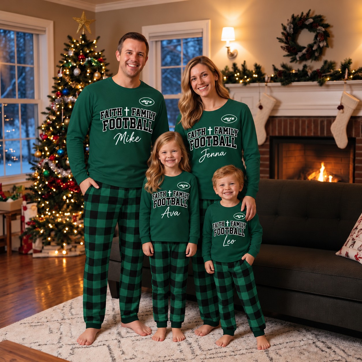 New York Jets family Christmas pajamas, faith family football design