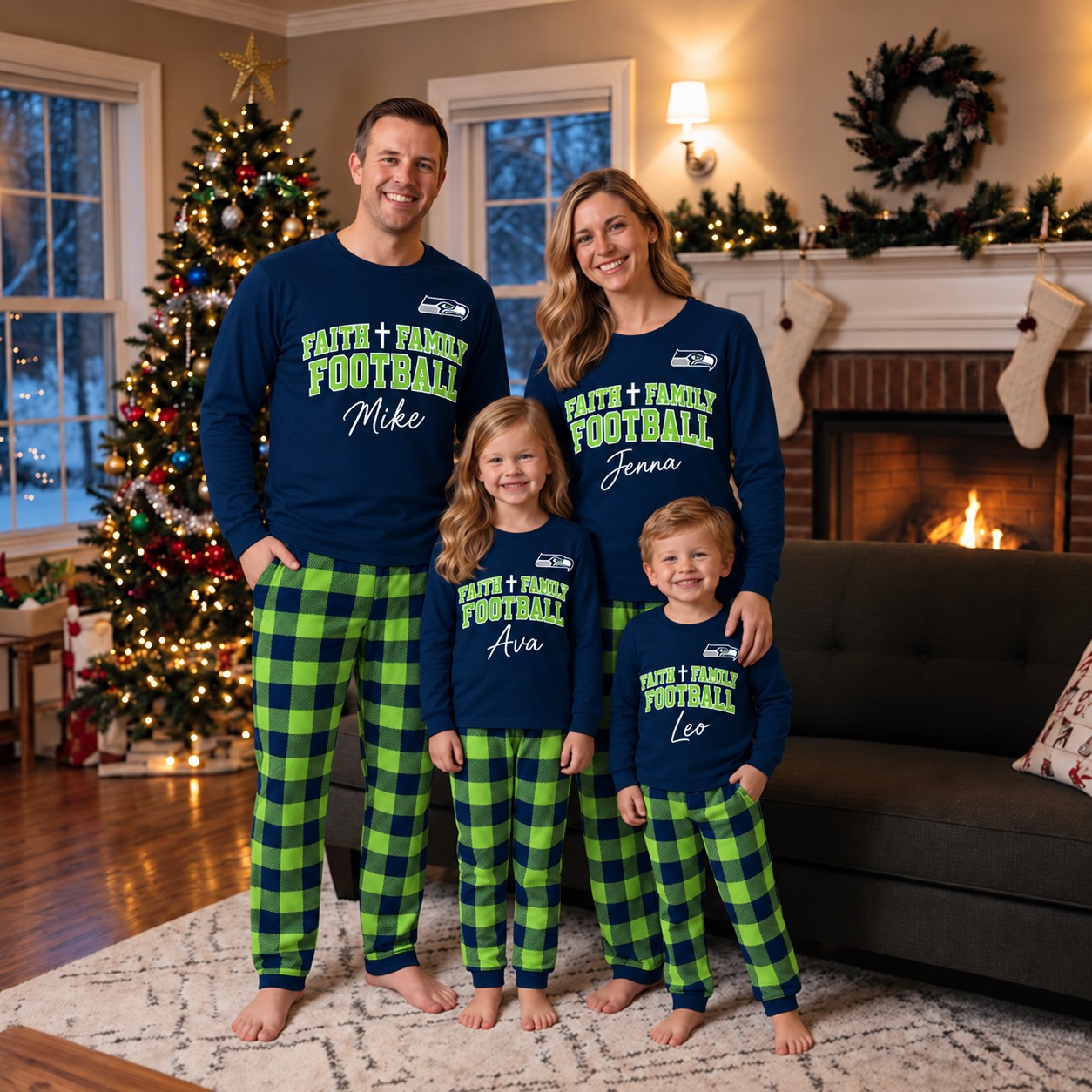 Seattle Seahawks family Christmas pajamas, faith family football design
