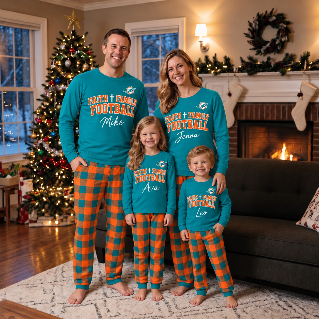 Miami Dolphins family Christmas pajamas, faith family football design