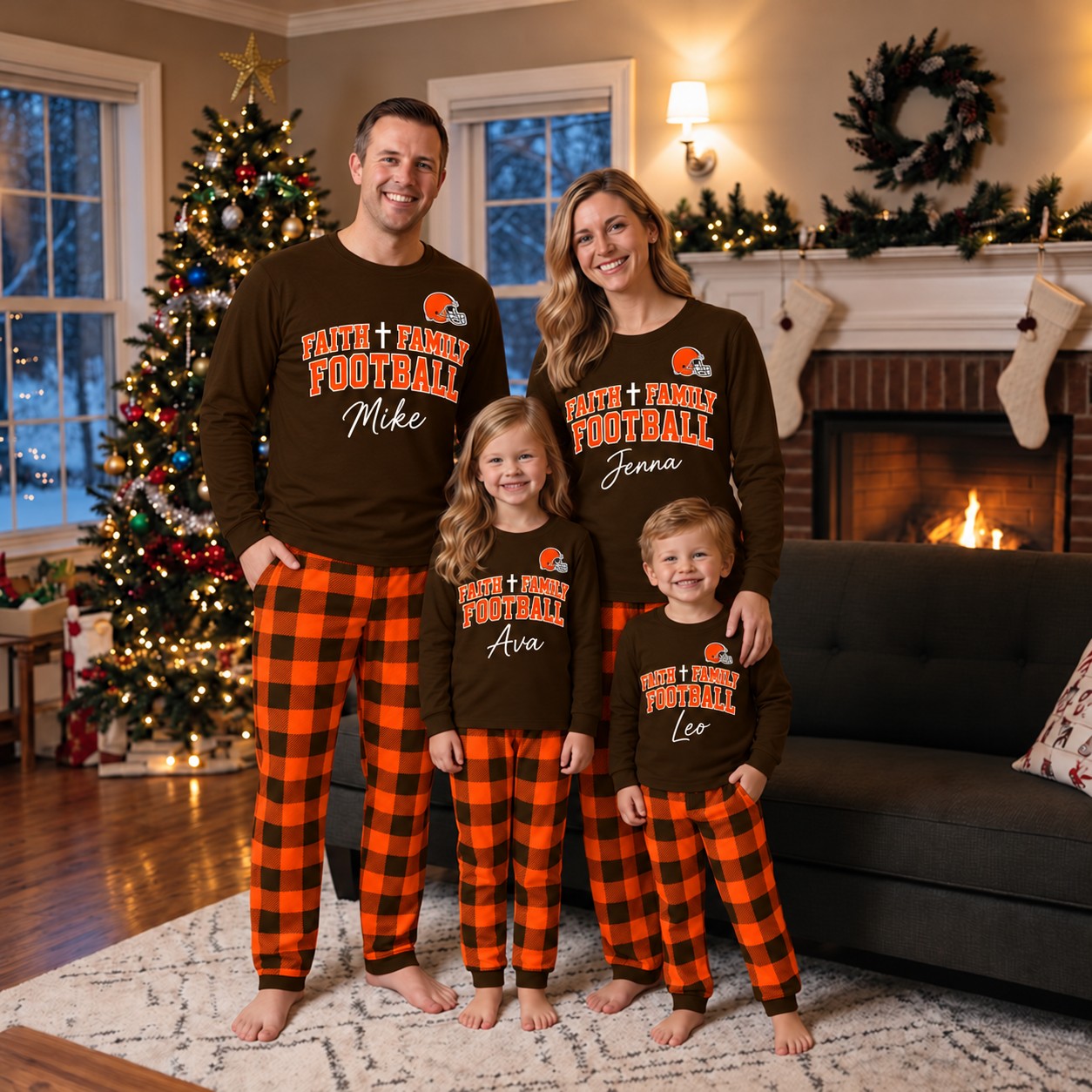 Cleveland Browns family Christmas pajamas, faith family football design