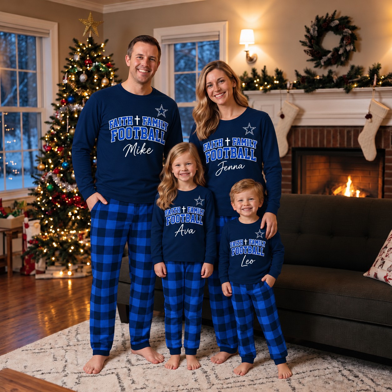Dallas Cowboys family Christmas pajamas, faith family football design