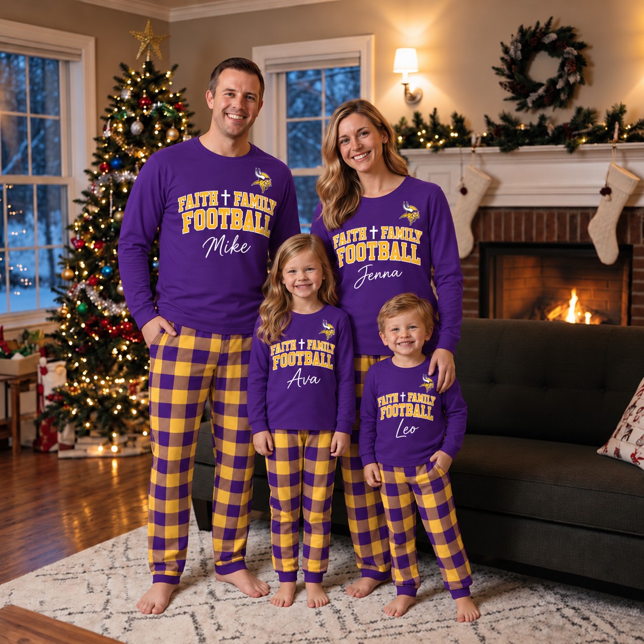 Minnesota Vikings family Christmas pajamas, faith family football design