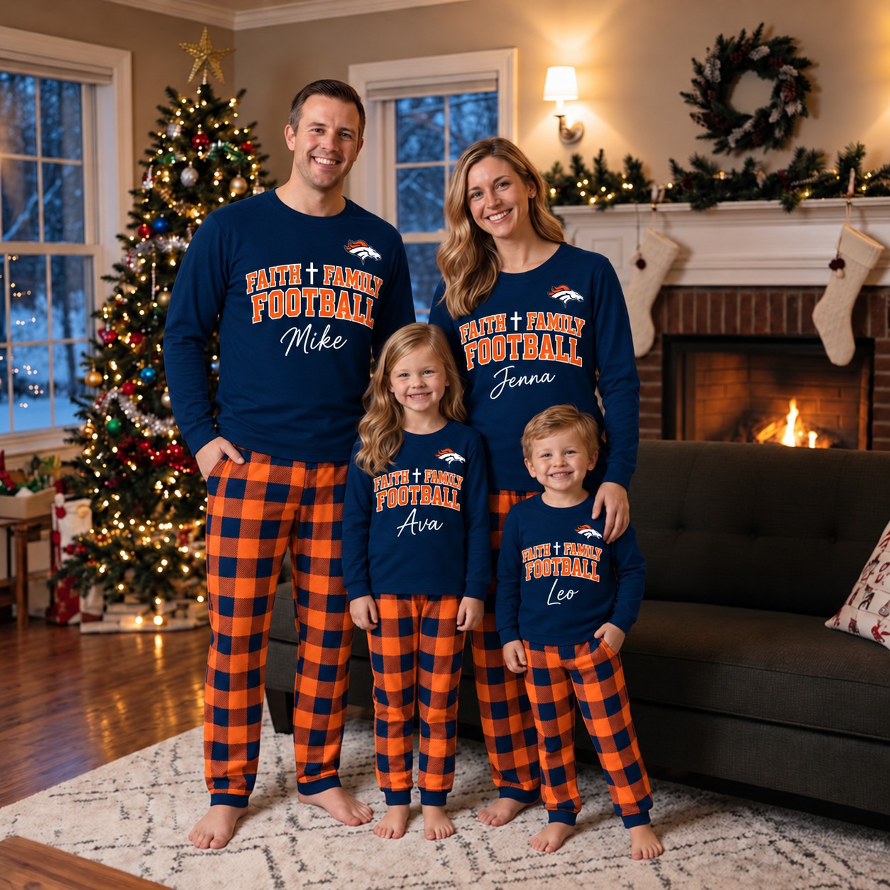 Denver Broncos family Christmas pajamas, faith family football design