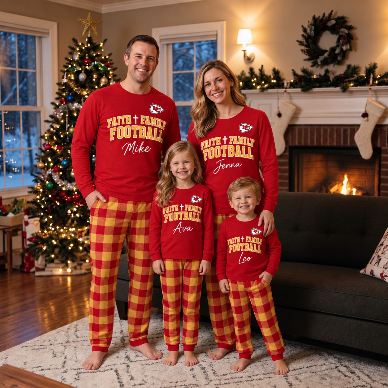 Kansas City Chiefs family Christmas pajamas, faith family football design