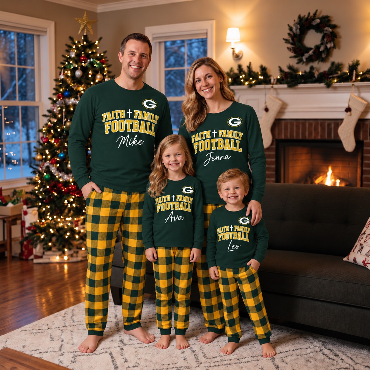 Green Bay Packers family Christmas pajamas, faith family football design