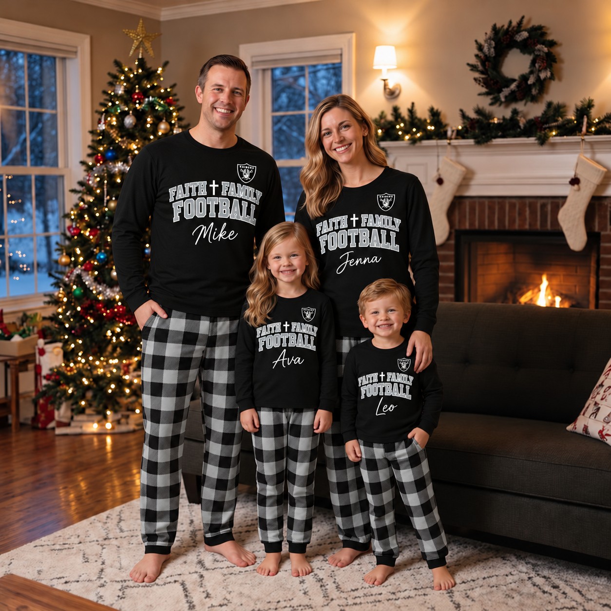 Las Vegas Raiders family Christmas pajamas, faith family football design