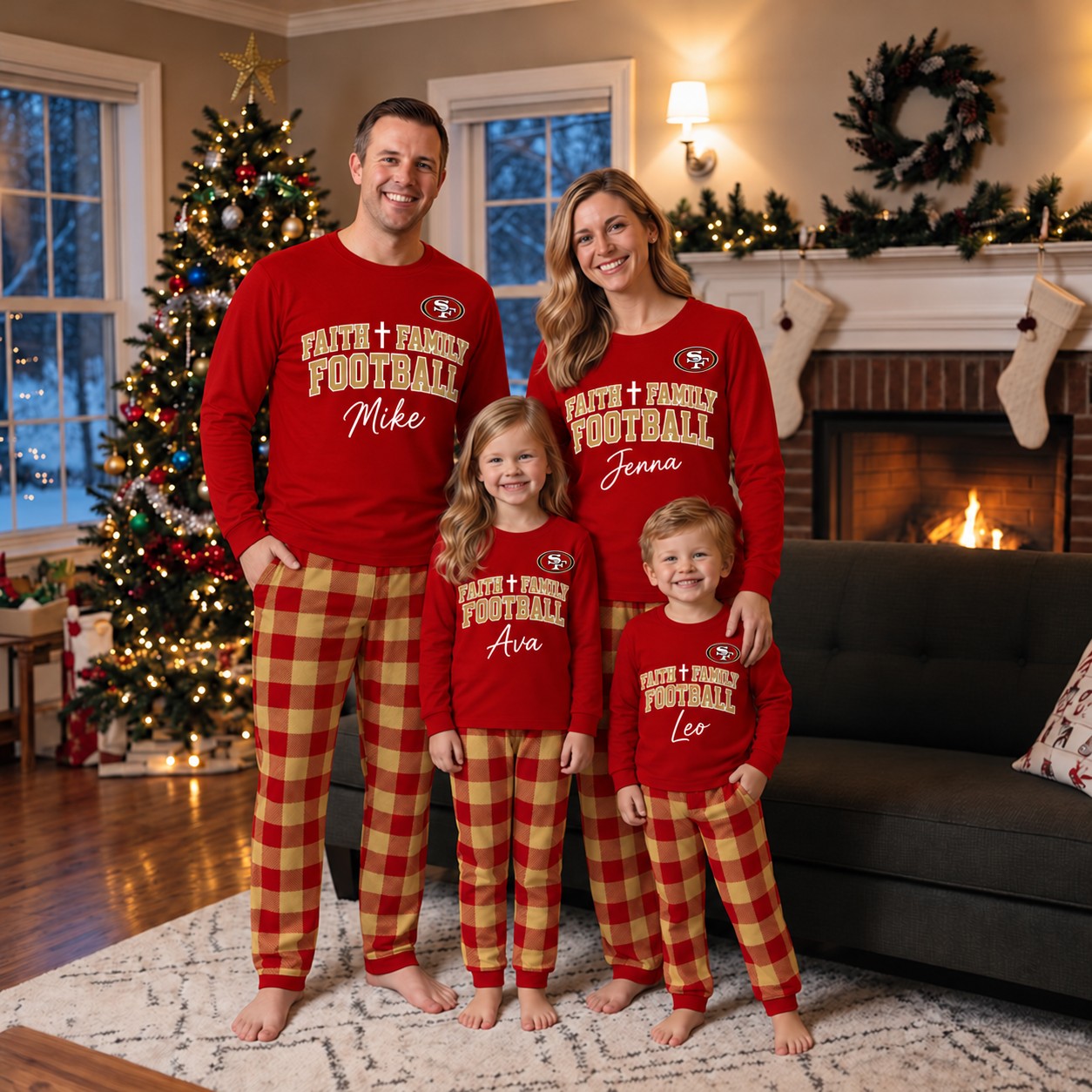 San Francisco 49ers family Christmas pajamas, faith family football design