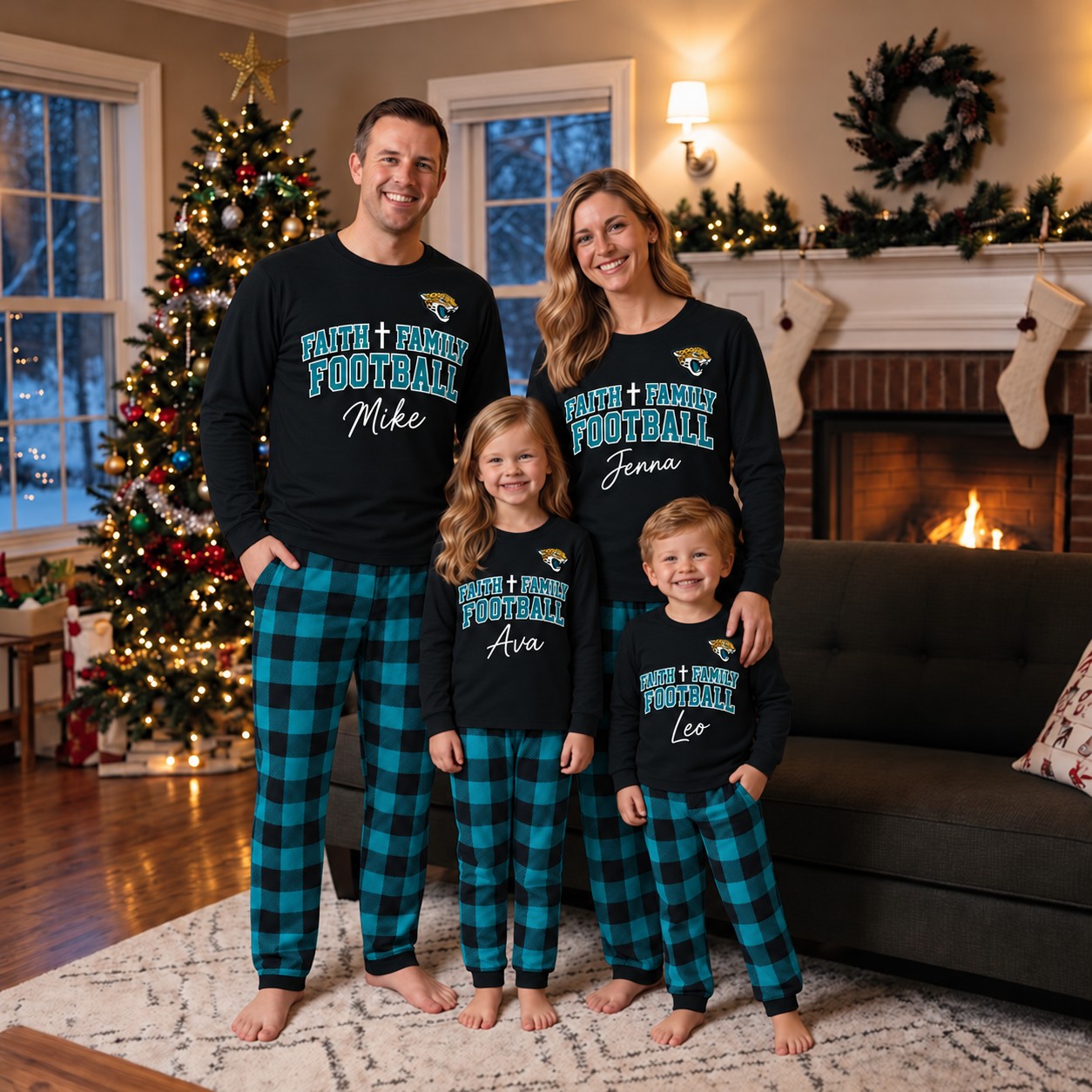 Jacksonville Jaguars family Christmas pajamas, faith family football design