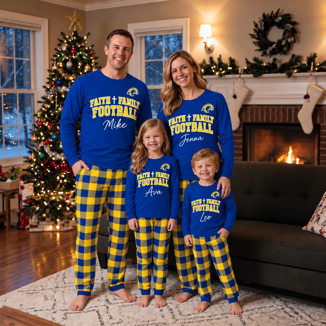Los Angeles Rams family Christmas pajamas, faith family football design
