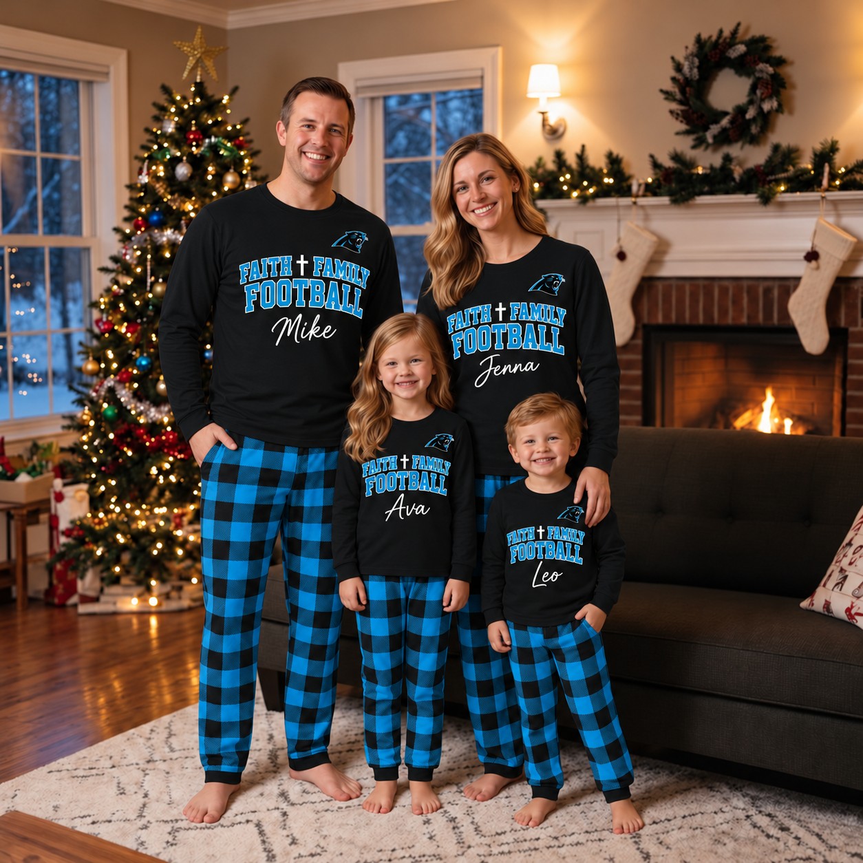 Carolina Panthers family Christmas pajamas, faith family football design