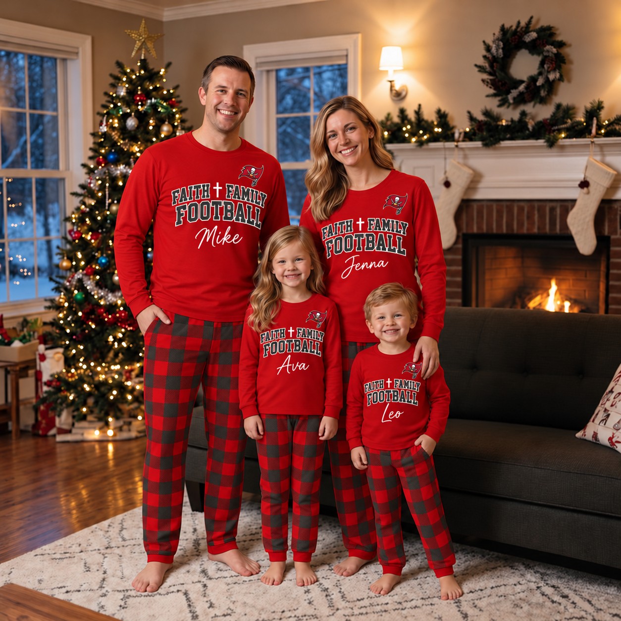 Tampa Bay Buccaneers family Christmas pajamas, faith family football design