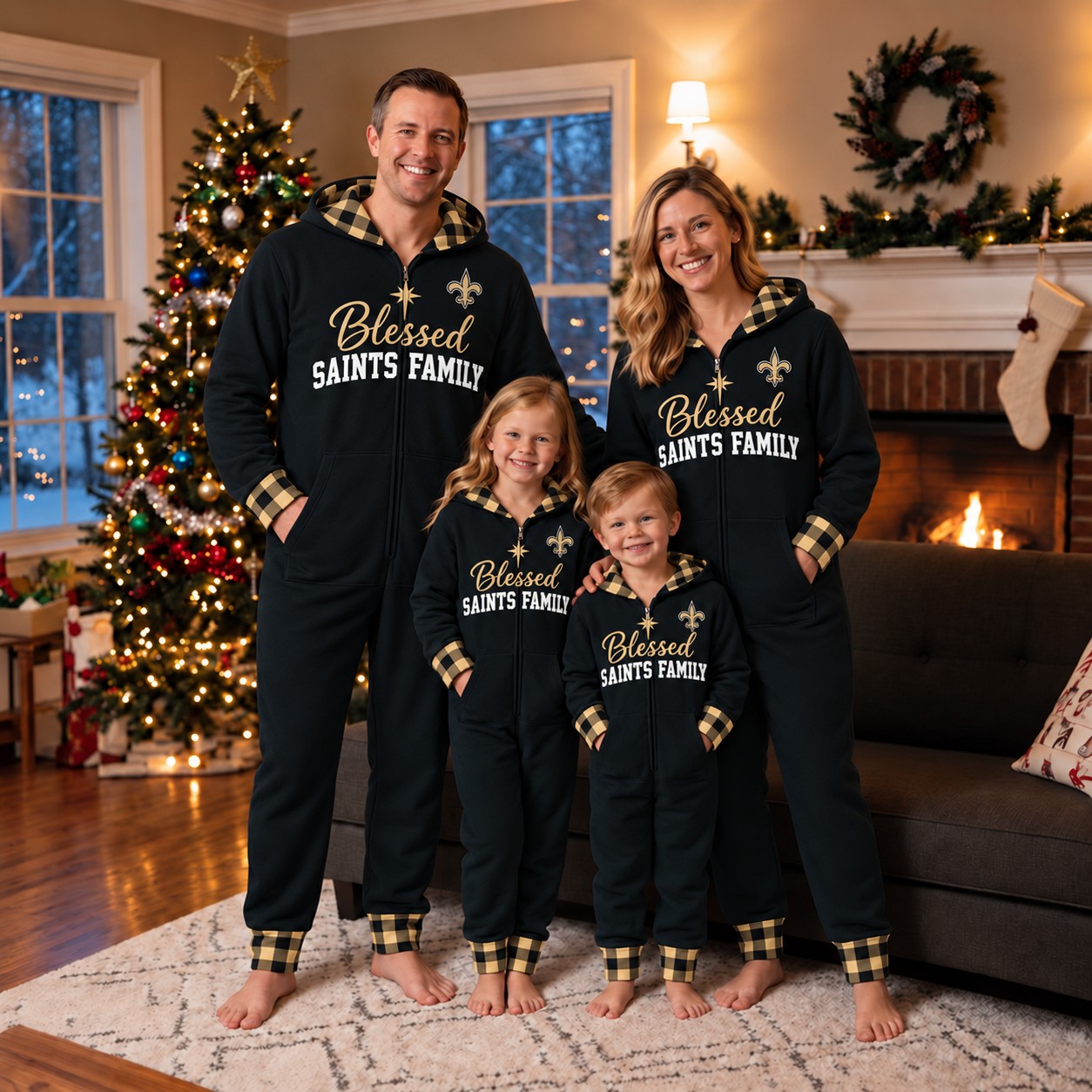 New Orleans Saints family Christmas onesies, blessed design