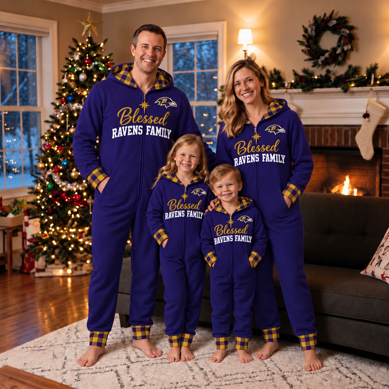 Baltimore Ravens family Christmas onesies, blessed design