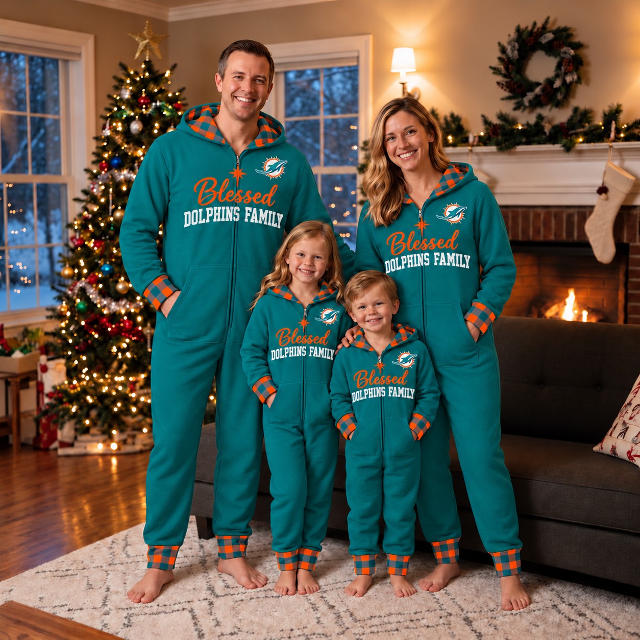 Miami Dolphins family Christmas onesies, blessed design