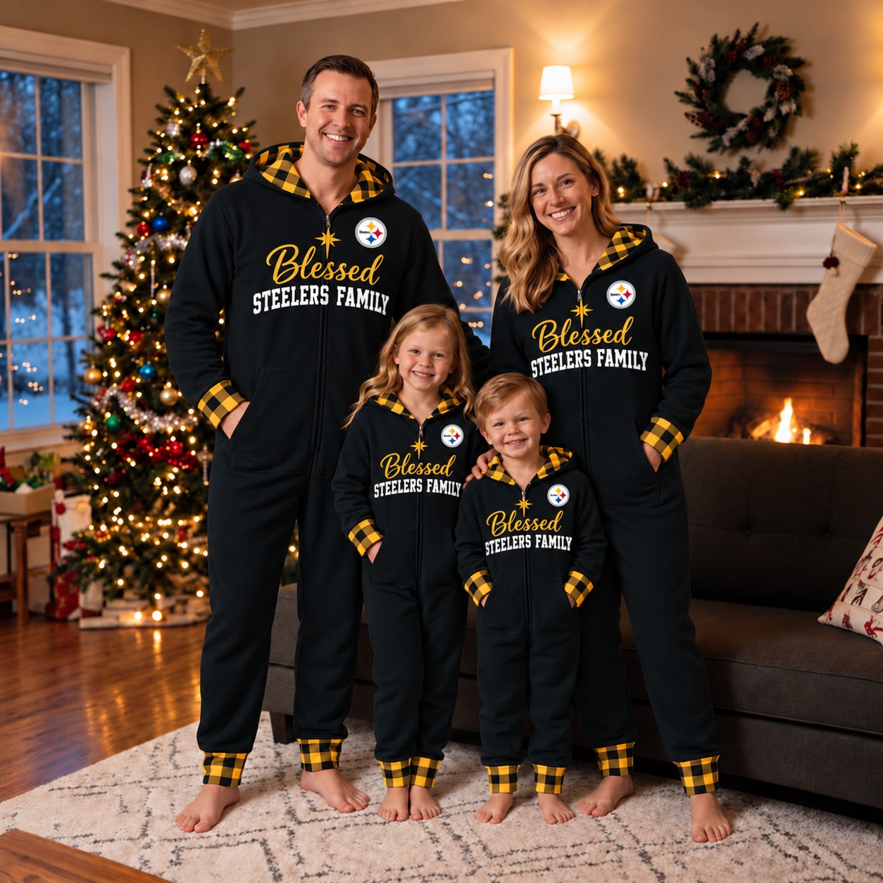 Pittsburgh Steelers family Christmas onesies, blessed design