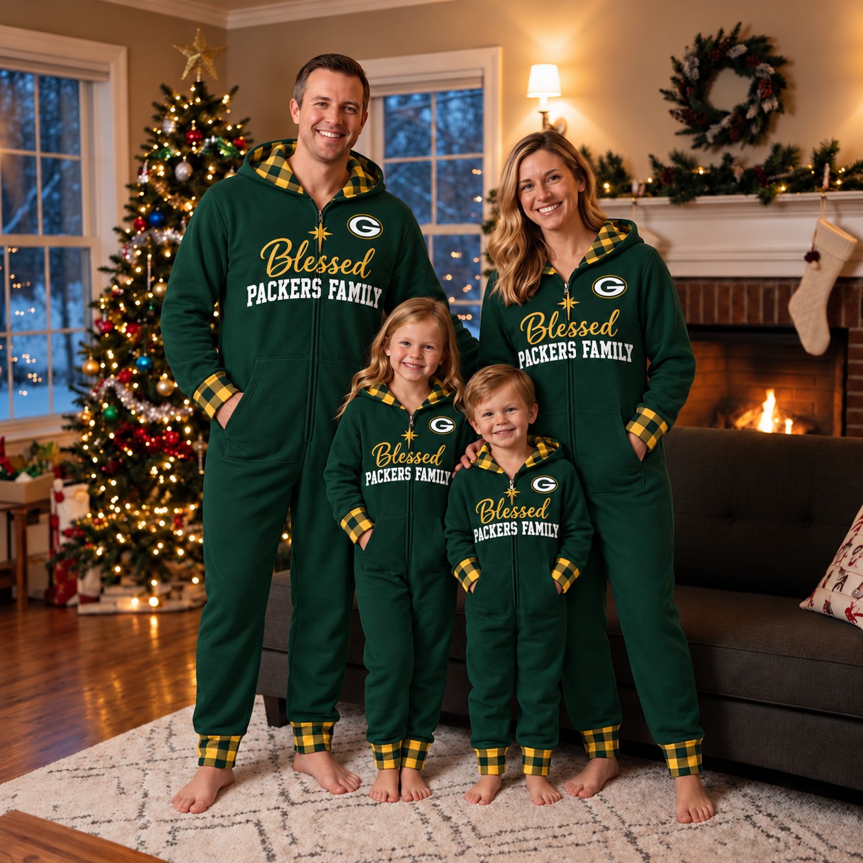 Green Bay Packers family Christmas onesies, blessed design