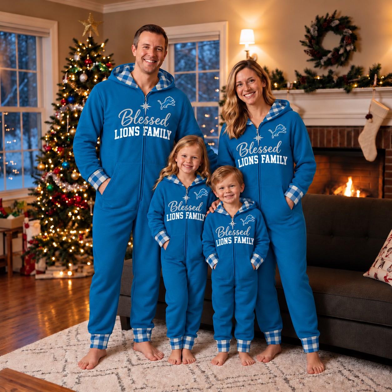Detroit Lions family Christmas onesies, blessed design